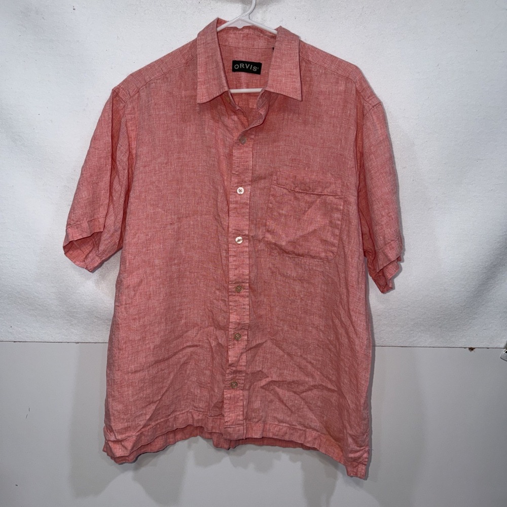 Orvis 100% Linen Button Up  Front Shirt‎ Men's Large Light Red Short Sleeve